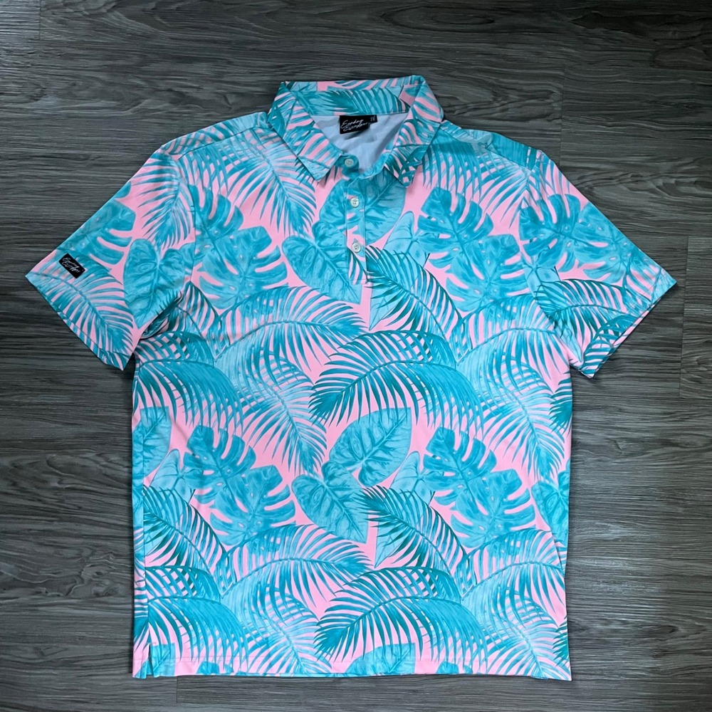 Sunday Swagger Mens XL Tropical Palm Leaf Golf Polo Pink Turquoise Short Sleeve